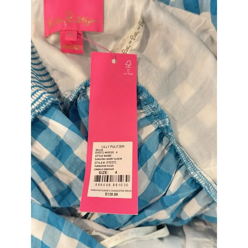 LILLY PULITZER NWT $138 Sarafina Short Sleeve Crinkle Gingham‎ Blouse Top Size 4